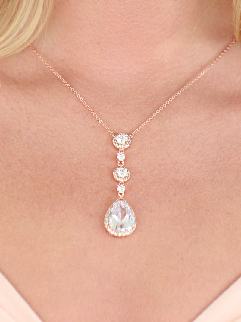 Mariell 14K Rose Gold Plated Bridal and Wedding Necklace, Cubic Zirconia Crystal Drop Pendant Necklace for Brides, Bridesmaids, Prom, Homecoming, Mother of the Bride - Image 4