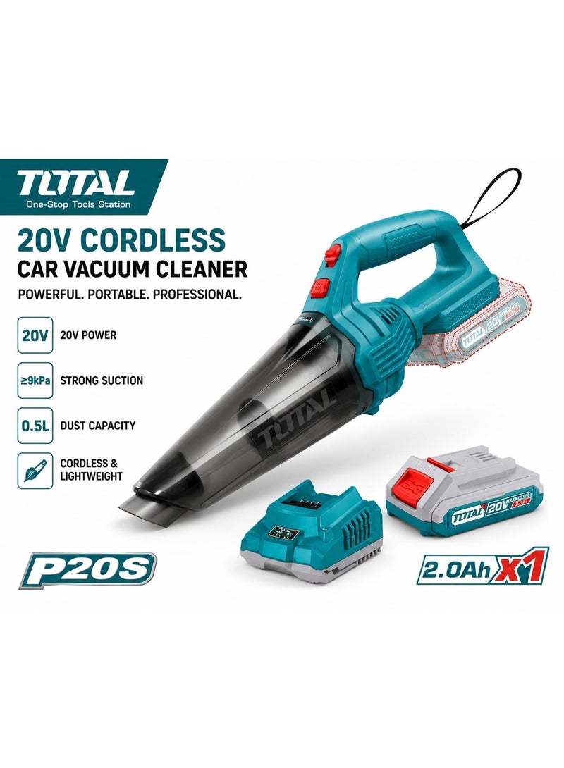 TOTAL 20V Cordless Car Vacuum Cleaner, 9kPa Powerful Handheld Vacuum with 2.0Ah Battery & Fast Charger, Portable Vacuum for Cars, Home, Office & Workshop - Image 1