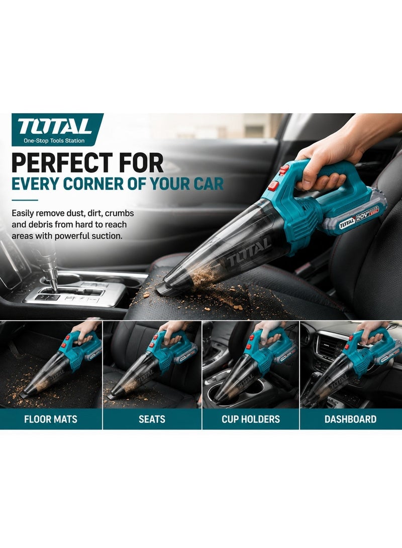 TOTAL 20V Cordless Car Vacuum Cleaner, 9kPa Powerful Handheld Vacuum with 2.0Ah Battery & Fast Charger, Portable Vacuum for Cars, Home, Office & Workshop - Image 2
