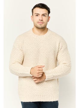Men Ribbed Neck Knitted Sweater, Ivory