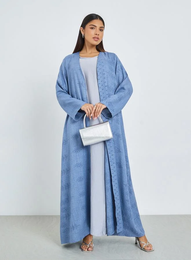 Amirah Blue Front Open Border Print Abaya