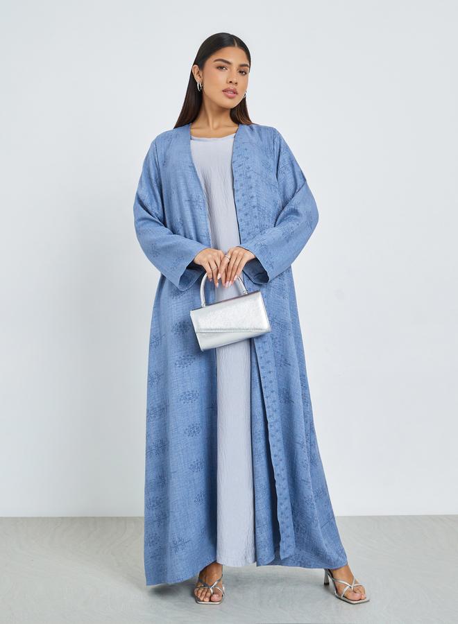Amirah Blue Front Open Border Print Abaya - Image 1