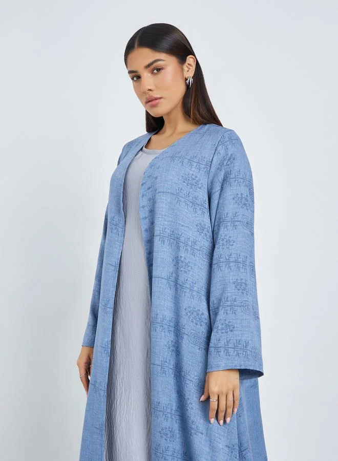Amirah Blue Front Open Border Print Abaya