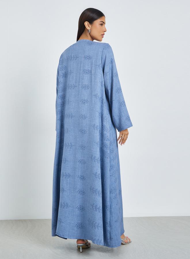 Amirah Blue Front Open Border Print Abaya - Image 3