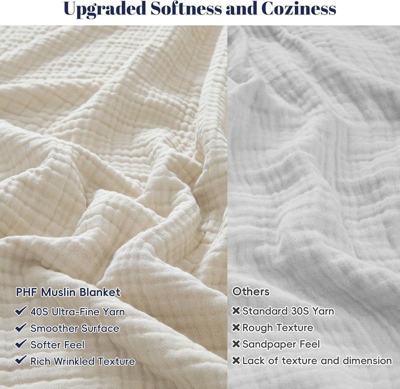 PHF 100% Cotton Muslin Throw XL Blanket Large 50" x 70", 4-Layer Lightweight Gauze Throw, Breathable Cloud-Soft Minimalist Blanket for Bed, Couch, Camping & Baby, Oat Milk, Ideal Gift - Image 4