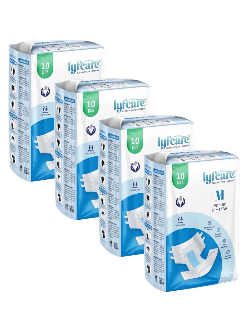 Lyfcare ليفاير كير أوبن تيب حفاضات البالغين متوسطة الحجم (M) - 40 وحدة (عبوة من 4) | حفاضات للجنسين بنمط الشريط المفتوح | الخصر (63-127 سم) | مؤشر الرطوبة، امتصاص فائق، حماية 360° و0% تسرب | للرجال والنساء - Image 1