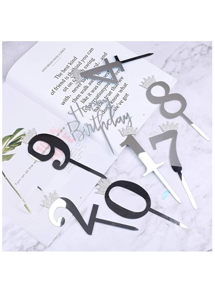 Y&D Happy Birthday Cake Topper Acrylic Numbers 0-9 Crown and Silver Toppers, for Wedding Anniversary or Party Decorations, Set of 11  - Image 2