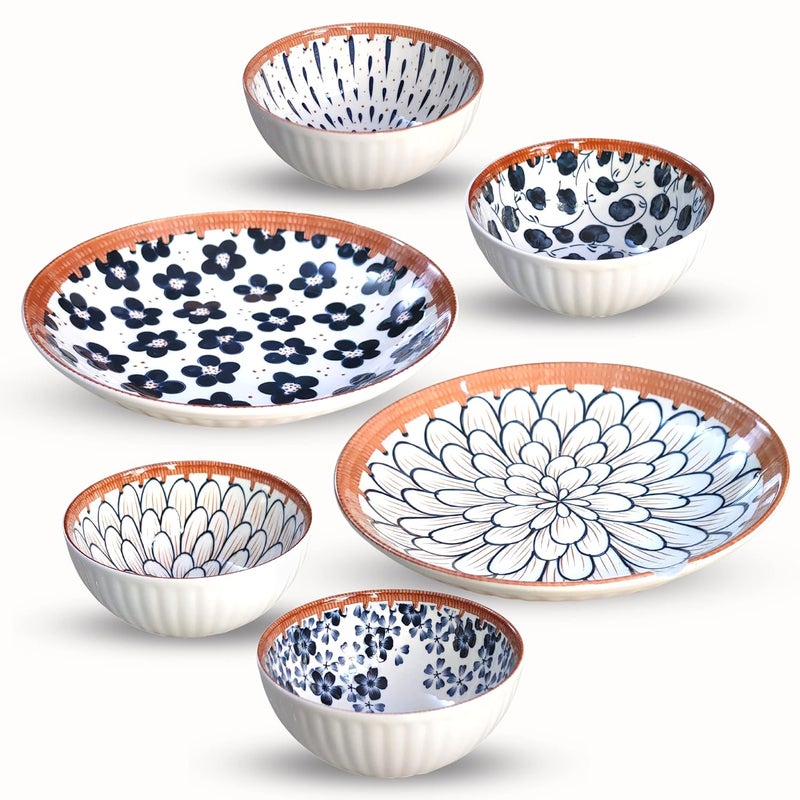 KitchEase Japanese Ramen Porcelain Dinner Set 4 Floral Multicolor Serving Bowls 2 Plates Microwave Safe Elegant Dinnerware for Lunch Dinner and Festive Gifts Set of 6 - Image 1