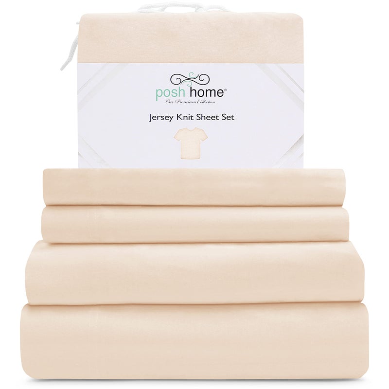 Posh Home Posh Home Jersey Knit Sheet Set - 4-Piece Jersey Bed Sheets - T-Shirt Breathable & Soft cotton Jersey Sheets - Includes Flat Sheet  Jersey Fitted Sheet  & 2 Pillowcases - Full Sheets  Light Peach 