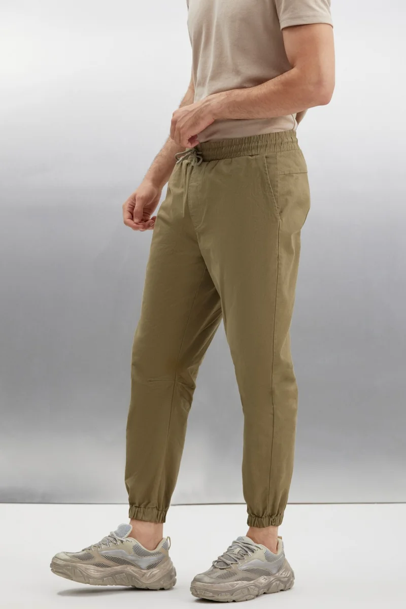 GRIMELANGE Jakob Men's Woven Washed 4 Pocket Thick Textured Elastic Leg Khaki Trousers