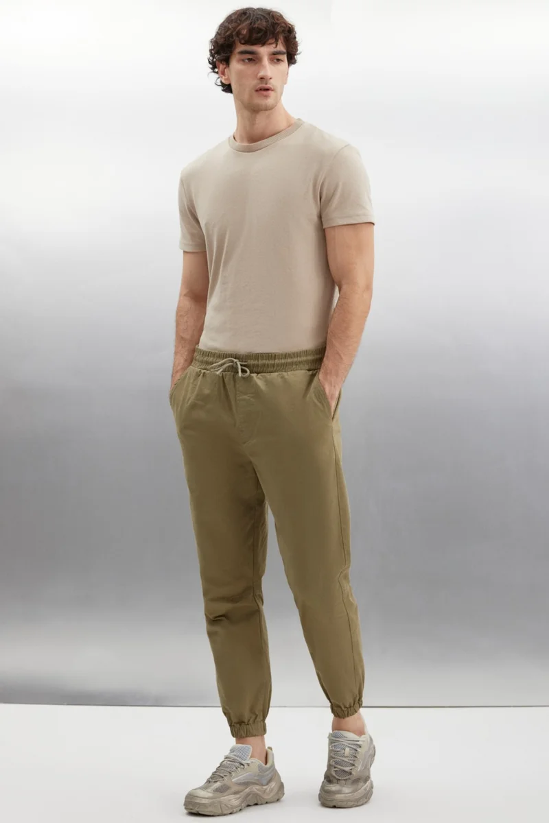 GRIMELANGE Jakob Men's Woven Washed 4 Pocket Thick Textured Elastic Leg Khaki Trousers