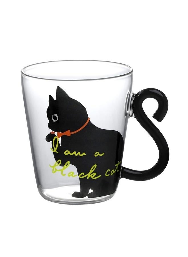 Beauenty Cat Printed Tea Cup Black/Clear 9x5.3centimeter，with Cat Tail Handle 250ml Cat Tea Cup Lovely Black Cat Glass Milk Cup Creative Black Cat Kitten Glass Water Tumbler Cup Birthday Gift - Image 1