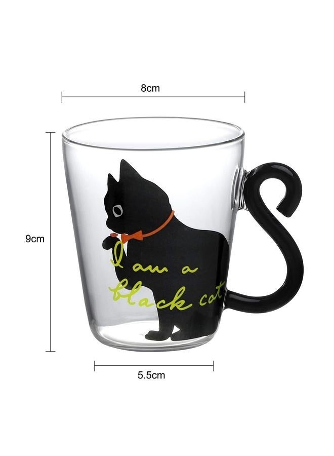 Beauenty Cat Printed Tea Cup Black/Clear 9x5.3centimeter，with Cat Tail Handle 250ml Cat Tea Cup Lovely Black Cat Glass Milk Cup Creative Black Cat Kitten Glass Water Tumbler Cup Birthday Gift - Image 4
