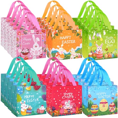 grestar 24 Pack Easter Gift Bags NonWoven Reusable Easter Bags with Handles Bunny Egg Cartoon Treat Bags for Easter Egg Hunt Kids Easter Basket Candy Goodie Bag Easter Party Favors 79x59x79 inch - Image 1
