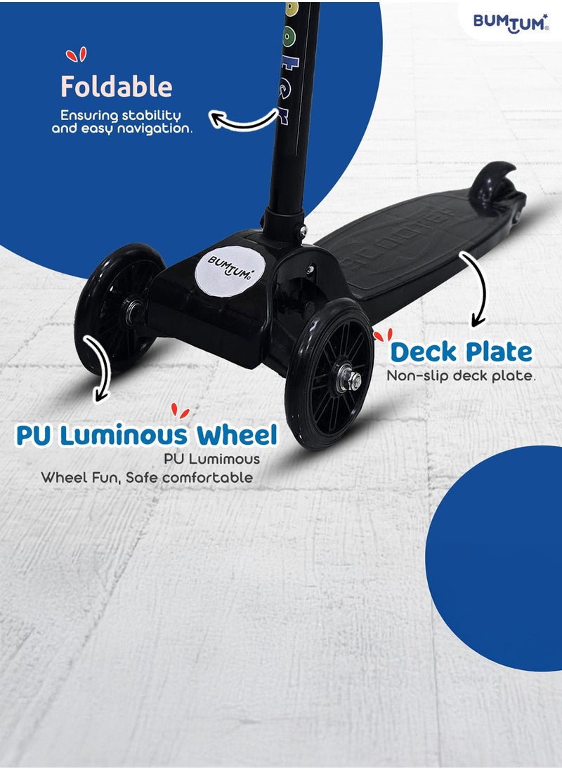 Bumtum - BUMTUM Smart Kick Scooter for Kids 30 inch | 3 Adjustable Height Scooter, Foldable & Attractive PVC Wheels with Rare Brakes for Boys & Girls Age 5 Years (Black) - Image 1