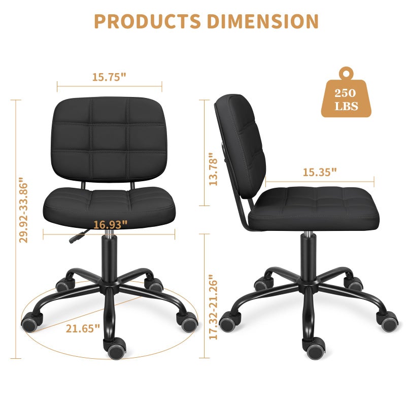 ERGOSEAT Armless Home Office Desk Chair with Wheels, Modern Ergonomic Drafting Rolling Chair with 360Â° Swivel Wheels,Height Adjustable Computer Task Chairs for Small Space, Black - Image 2