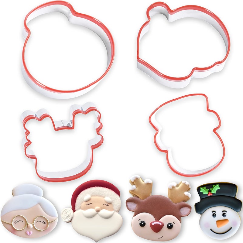COOKIEQUE COOKIEQUE 4 Pieces Christmas Cookie Cutters Set with Santa Face  Reindeer Face  Snowman Face  Mrs. Claus Cookie Cutters for Baking Christmas Unique Design with Protective Red Top PVC  - Image 1