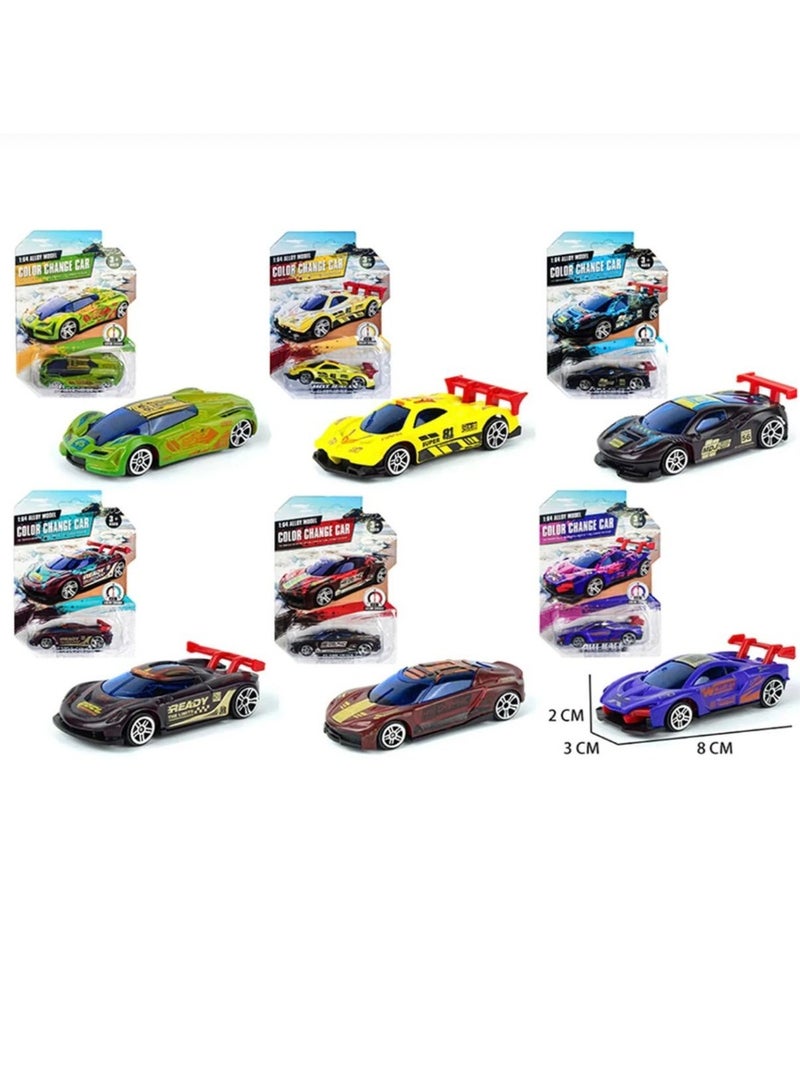 توي لاند لعبة سيارة رياضية صغيرة من سبائك معدنية متغيرة الألوان بمقياس 1:64 مع طلاء منشط بالماء للأطفال - 6 قطع - Image 1