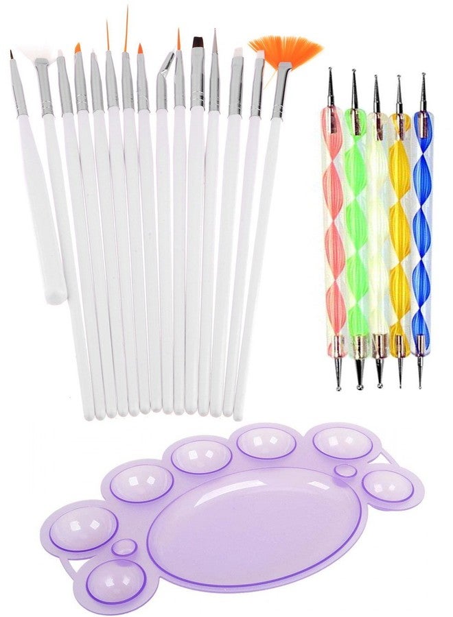 Gugzy® 15pc Nail Art Painting Brushes with Palette Dish and 5pc Double ended dotting pen set,Professional Nail Art Tools Set for Natural,False,Aacrylic and Gel... (White Silver) - Image 1