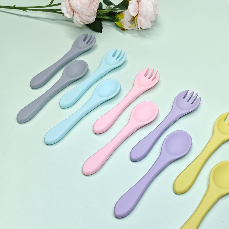 A Set of 2 Light Blue Silicone Spoon and Fork Food Grade Smooth Soft Dishwasher Safe Perfect for Food Additions - Image 1