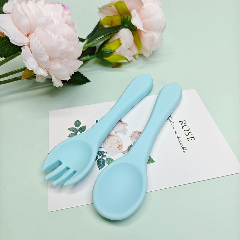 A Set of 2 Light Blue Silicone Spoon and Fork Food Grade Smooth Soft Dishwasher Safe Perfect for Food Additions - Image 5