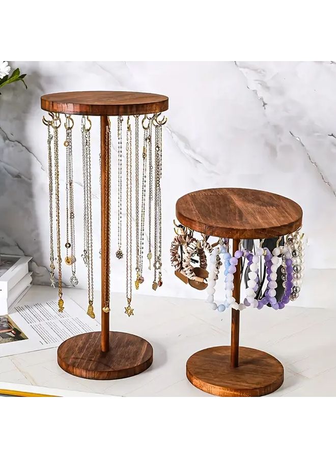 12 Hooks High Natural Wood Jewelry Display Stand With Oval Base Multi Layer Organizer - Image 1