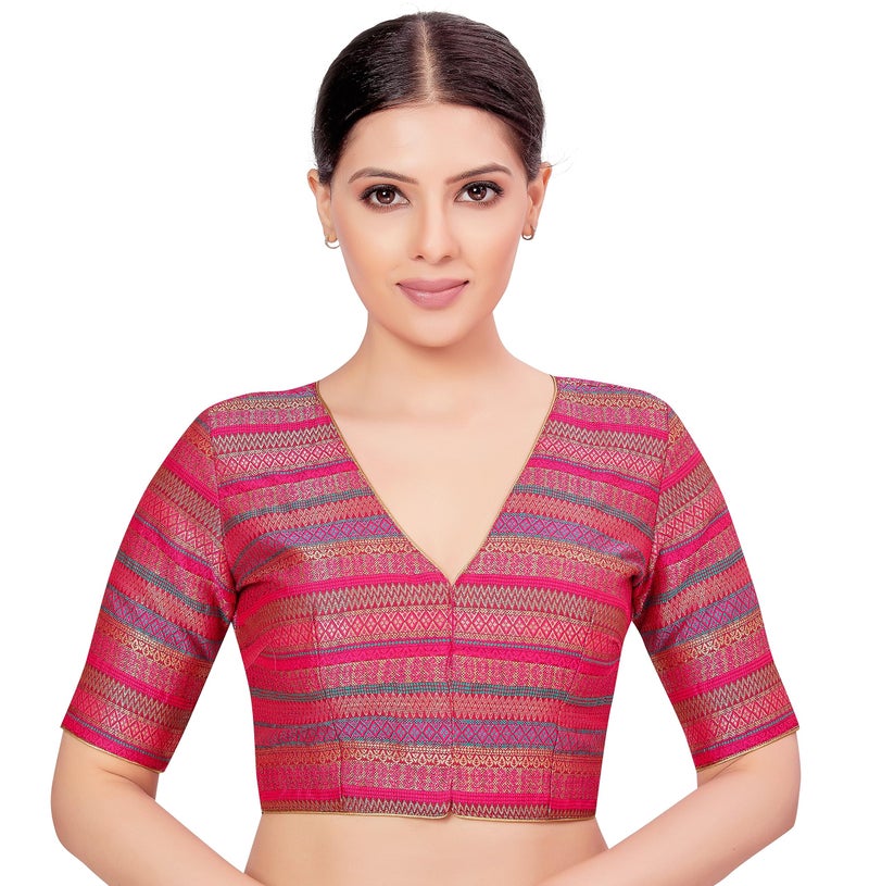 Studio Shringaar Women's Multi-Coloured Brocade Readymade 3/4 Sleeve Saree Blouse (Multi-Color, 44) - Image 1