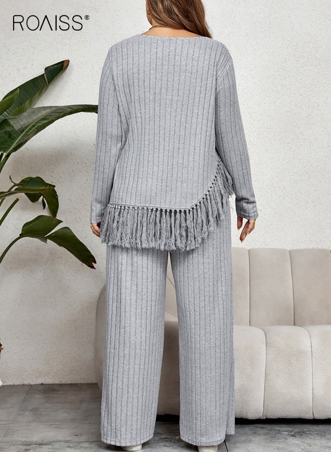 roaiss Plus-Size Women's Solid Color Two-Piece Set Irregular Long-Sleeve Fringed Top and Loose Wide-Leg Pants, Comfortable and Stylish Outfit for Casual Wear, Versatile Design for Various Occasions - Image 2