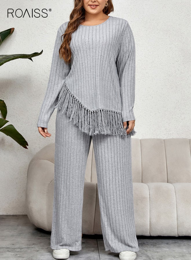 roaiss Plus-Size Women's Solid Color Two-Piece Set Irregular Long-Sleeve Fringed Top and Loose Wide-Leg Pants, Comfortable and Stylish Outfit for Casual Wear, Versatile Design for Various Occasions - Image 4