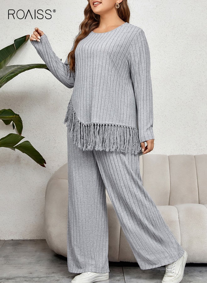 roaiss Plus-Size Women's Solid Color Two-Piece Set Irregular Long-Sleeve Fringed Top and Loose Wide-Leg Pants, Comfortable and Stylish Outfit for Casual Wear, Versatile Design for Various Occasions - Image 3