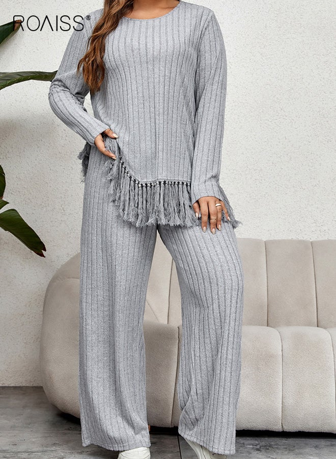 roaiss Plus-Size Women's Solid Color Two-Piece Set Irregular Long-Sleeve Fringed Top and Loose Wide-Leg Pants, Comfortable and Stylish Outfit for Casual Wear, Versatile Design for Various Occasions - Image 1