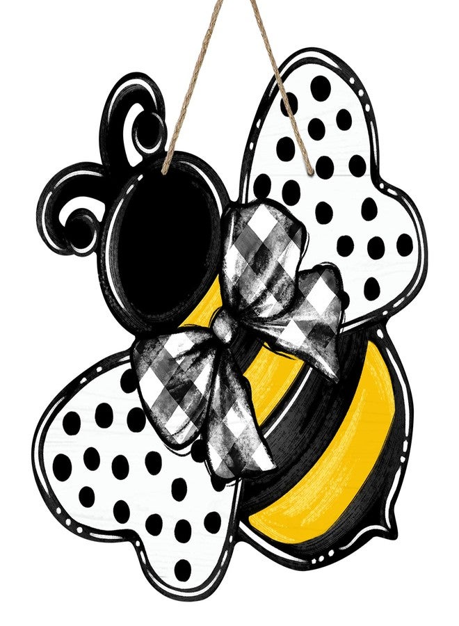Deroro Bumble Bee Spring Summer Front Door Sign, Polka Dot Farmhouse Wood Door Hanger Outdoor Outside Porch Decor, Buffalo Plaid Check Bow Wooden Wreath Indoor Wall Hanging Decoration - Image 1