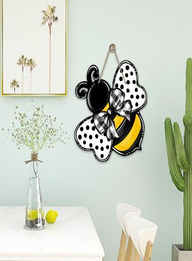 Deroro Bumble Bee Spring Summer Front Door Sign, Polka Dot Farmhouse Wood Door Hanger Outdoor Outside Porch Decor, Buffalo Plaid Check Bow Wooden Wreath Indoor Wall Hanging Decoration - Image 5
