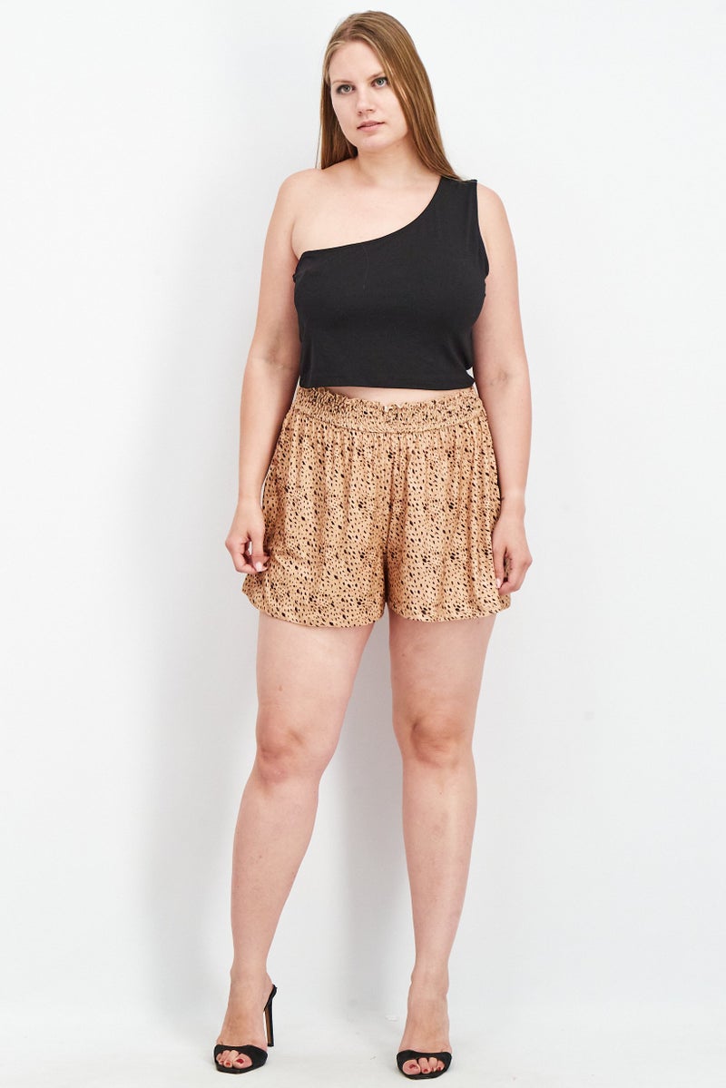 Asos Design Women Curve Shirred Waist Animal Print Pull On Short, Tan  - Image 4