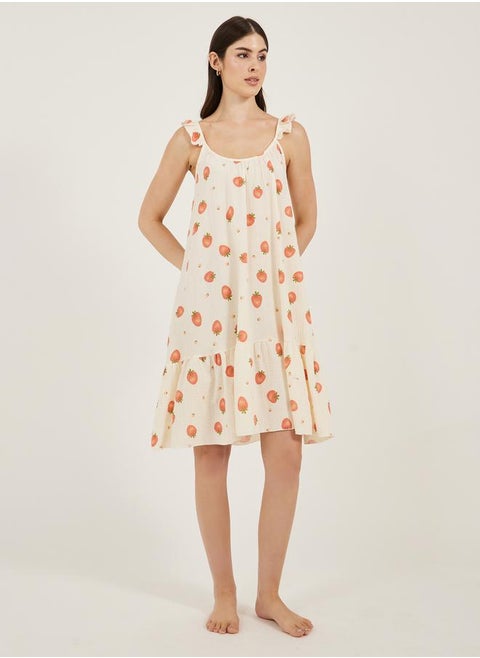 Strawberry Print Ruffled Trim Cotton Slip Dress