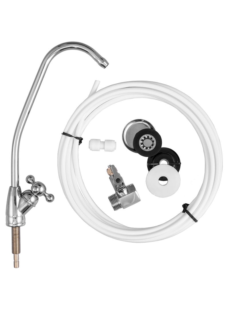 RUHENS Easy To Use 24H Water faucet kit, Chrome water faucet,1/4 inch O.D. Length 16.4ft(5 meters) RO Water Tubing, Hose Pipe for RO Water purifiers System,+ 1/4 O.D quick connector 4pcs 
