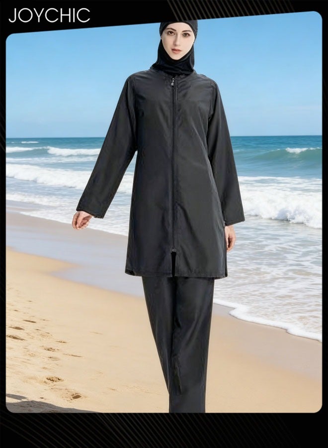 Joychic طقم ملابس سباحة للنساء المسلمات مكون من 3 قطع، صيفي كاجوال مريح وحماية من الشمس وأكمام طويلة وسحاب للإغلاق، ملابس سباحة خفيفة الوزن للشاطئ باللون الأسود - Image 1