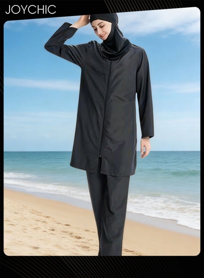 Joychic طقم ملابس سباحة للنساء المسلمات مكون من 3 قطع، صيفي كاجوال مريح وحماية من الشمس وأكمام طويلة وسحاب للإغلاق، ملابس سباحة خفيفة الوزن للشاطئ باللون الأسود - Image 2