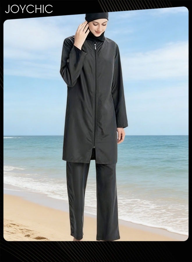 Joychic طقم ملابس سباحة للنساء المسلمات مكون من 3 قطع، صيفي كاجوال مريح وحماية من الشمس وأكمام طويلة وسحاب للإغلاق، ملابس سباحة خفيفة الوزن للشاطئ باللون الأسود - Image 3