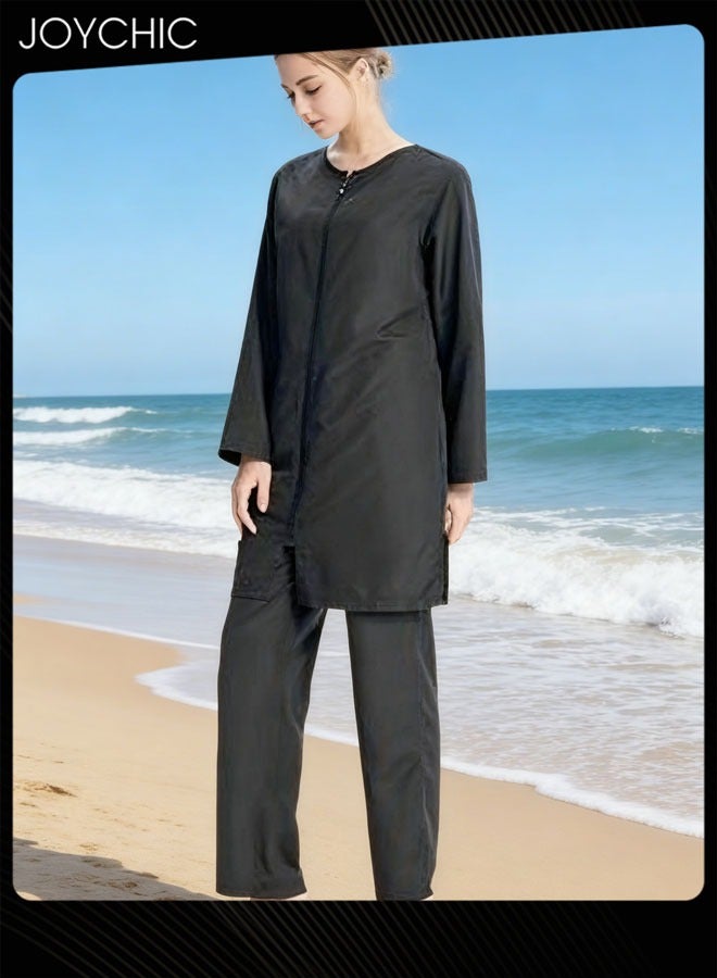 Joychic طقم ملابس سباحة للنساء المسلمات مكون من 3 قطع، صيفي كاجوال مريح وحماية من الشمس وأكمام طويلة وسحاب للإغلاق، ملابس سباحة خفيفة الوزن للشاطئ باللون الأسود - Image 4