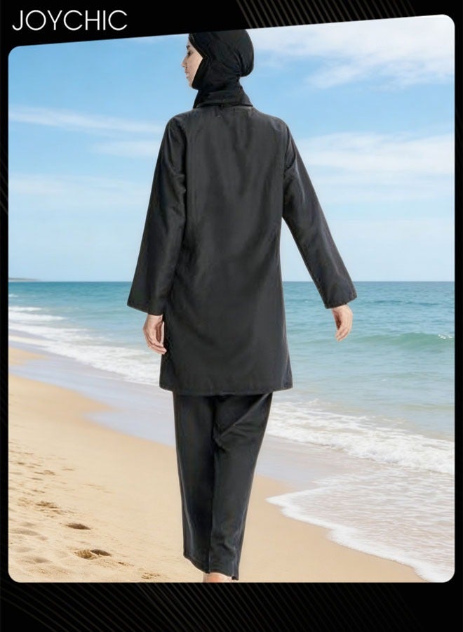 Joychic طقم ملابس سباحة للنساء المسلمات مكون من 3 قطع، صيفي كاجوال مريح وحماية من الشمس وأكمام طويلة وسحاب للإغلاق، ملابس سباحة خفيفة الوزن للشاطئ باللون الأسود - Image 5