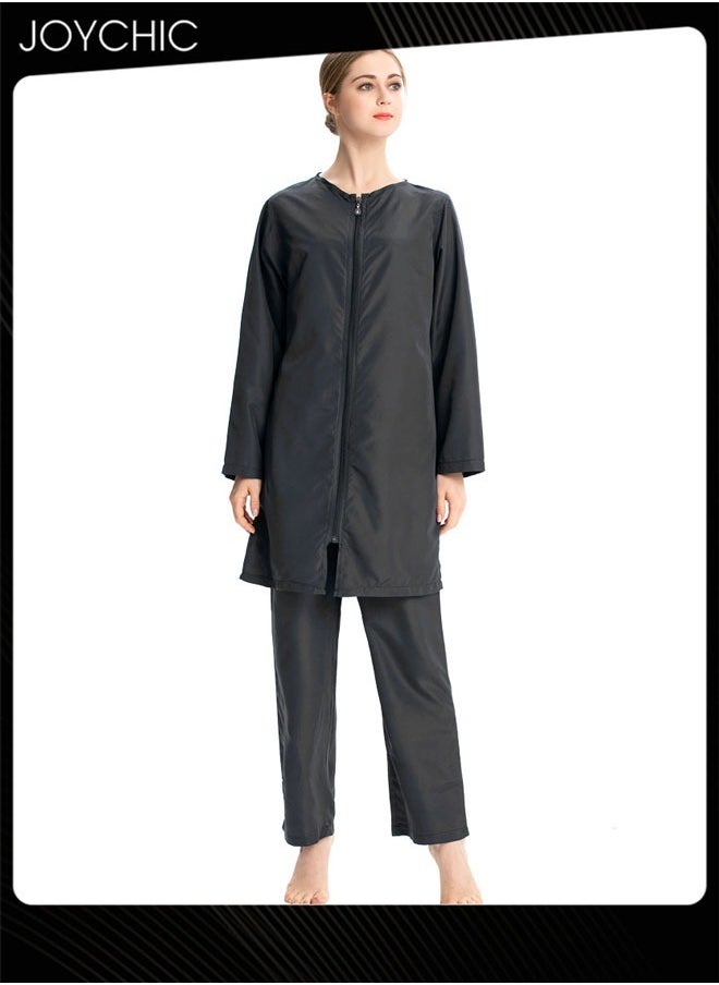 Joychic - 3-piece Muslim Women Conservative Swimwear Set Summer Casual Comfortable and Sun Protection Long Sleeve Zipper Closure Swimsuit Lightweight Beach Wear Black - Image 1