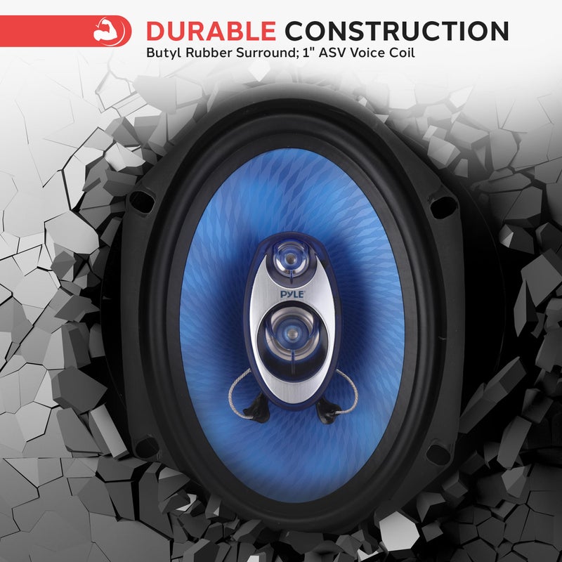 Pyle 6" x 8" Car Sound Speaker (Pair) - Upgraded Blue Poly Injection Cone 3-Way 360 Watts w/Non-fatiguing Butyl Rubber Surround 70-20Khz Frequency Response 4 Ohm & 1" ASV Voice Coil - Pyle PL683BL - Image 2