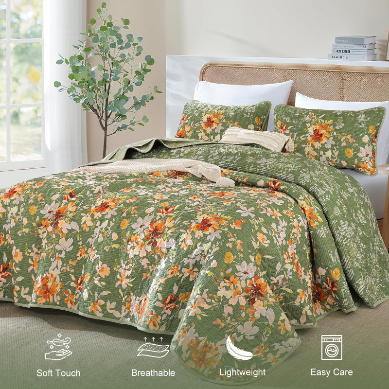 Dobuyly Green Floral Quilt Set Queen Size, Botanical Flowers Bedspreads Coverlet Set, 3 Pieces Soft Lightweight Microfiber Quilt Bedding Set for All Seasons 96"x90" - Image 2