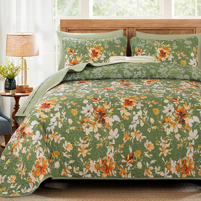 Dobuyly Green Floral Quilt Set Queen Size, Botanical Flowers Bedspreads Coverlet Set, 3 Pieces Soft Lightweight Microfiber Quilt Bedding Set for All Seasons 96"x90" - Image 1
