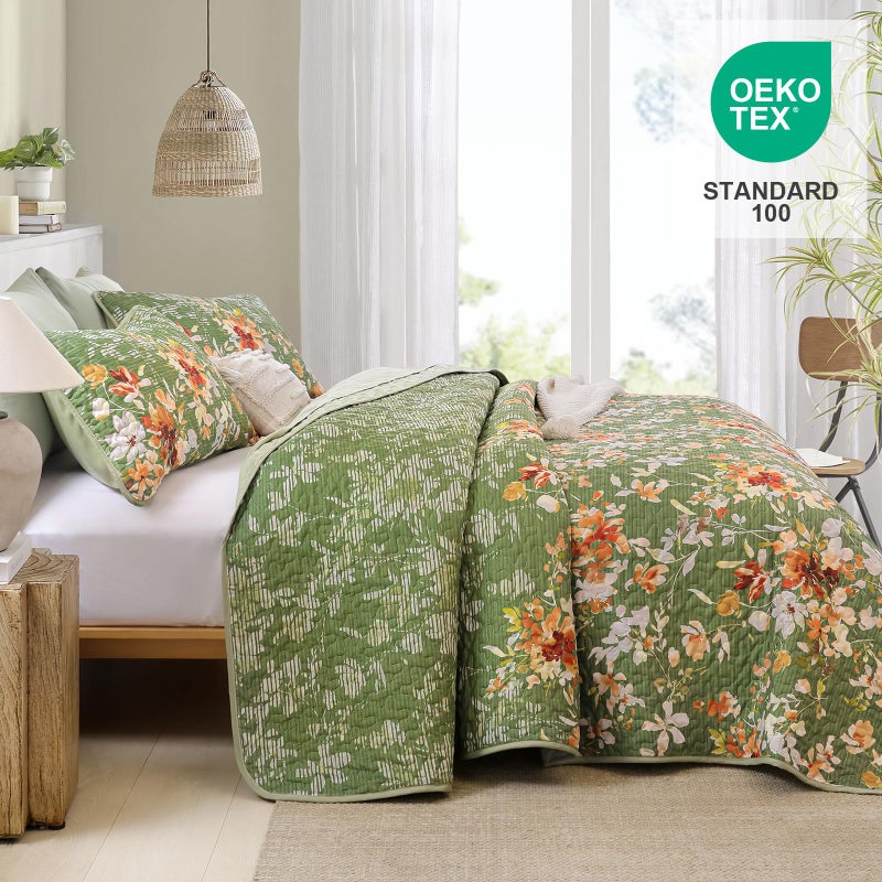 Dobuyly Green Floral Quilt Set Queen Size, Botanical Flowers Bedspreads Coverlet Set, 3 Pieces Soft Lightweight Microfiber Quilt Bedding Set for All Seasons 96"x90" - Image 3