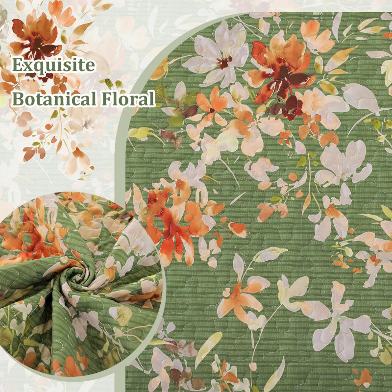 Dobuyly Green Floral Quilt Set Queen Size, Botanical Flowers Bedspreads Coverlet Set, 3 Pieces Soft Lightweight Microfiber Quilt Bedding Set for All Seasons 96"x90" - Image 5
