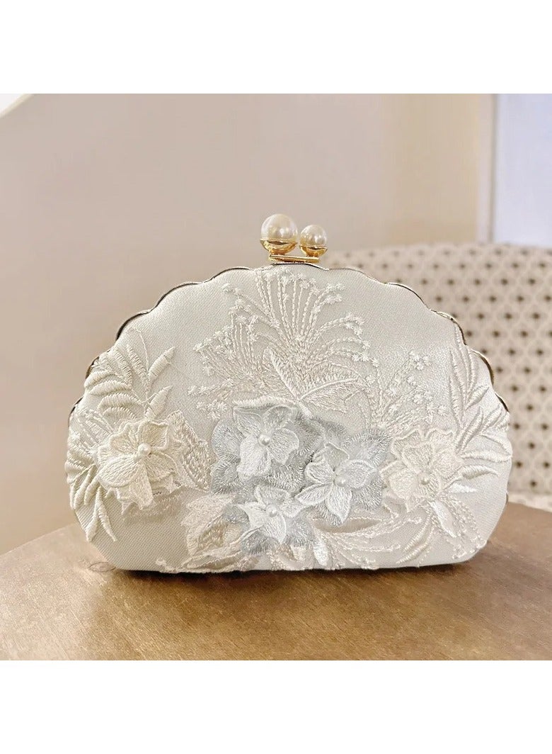 AROAQ Elegant Vintage Shell-Shaped Evening Clutch With Hand Embroidery, Retro Fabric Handbag With Faux Pearl Clasp For Special Occasions - Image 1