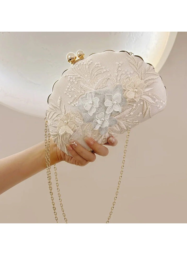 AROAQ Elegant Vintage Shell-Shaped Evening Clutch With Hand Embroidery, Retro Fabric Handbag With Faux Pearl Clasp For Special Occasions - Image 3