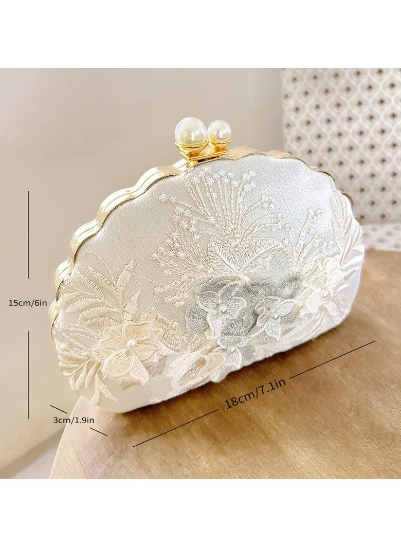 AROAQ Elegant Vintage Shell-Shaped Evening Clutch With Hand Embroidery, Retro Fabric Handbag With Faux Pearl Clasp For Special Occasions - Image 4
